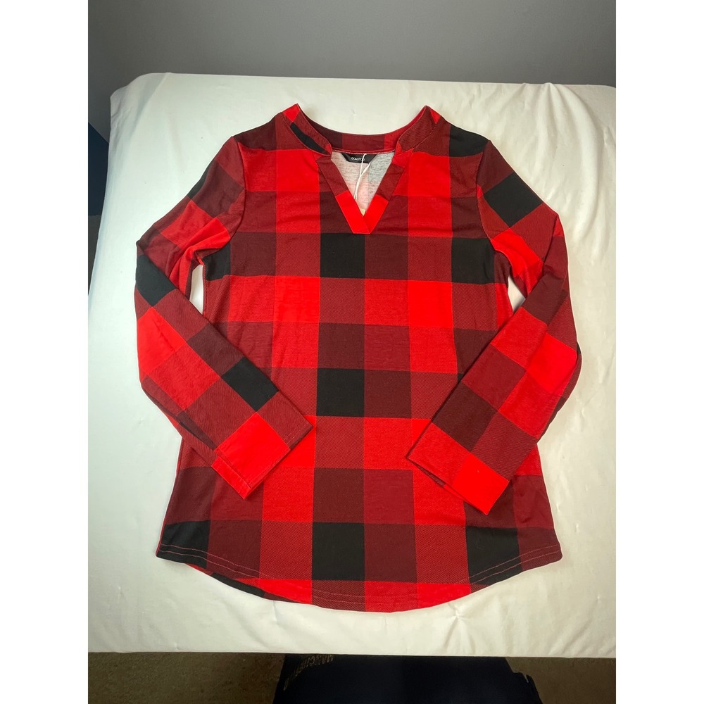 Dokotoo Womens Buffalo Plaid V Neck Long Sleeve Top Red Black Large NWT